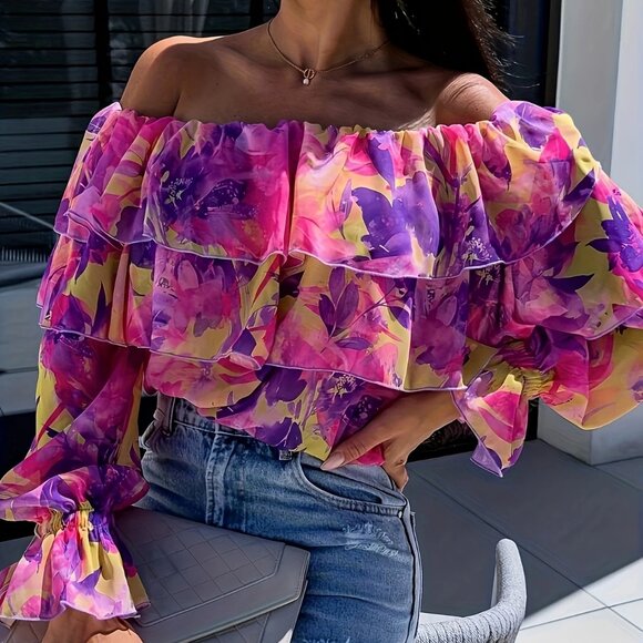 Bright Multicolor Off The Shoulder Tiered Ruffle Blouse - Picture 1 of 5
